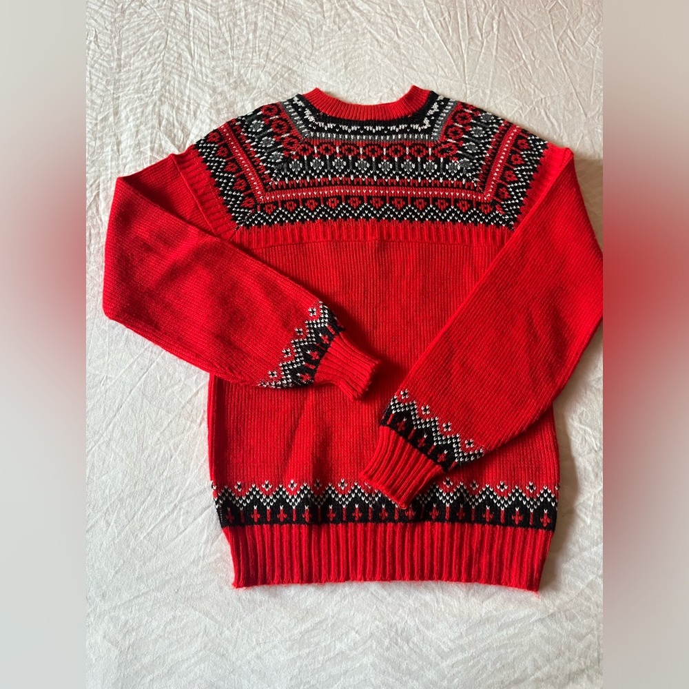 Vintage Sears Pilgrim Red and Black Fair Isle Patterned Crewneck Sweater Size L